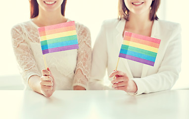 Image showing close up of happy lesbian couple with rainbow flag