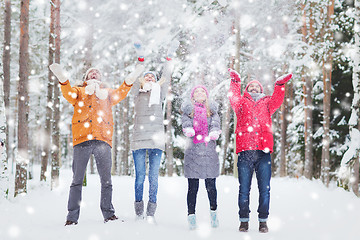 Image showing group of happy friends playin with snow in forest