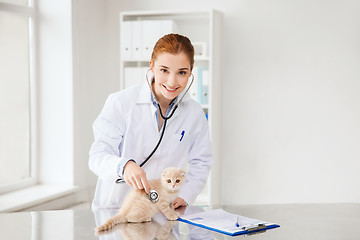 Image showing happy veterinarian with kitten at vet clinic