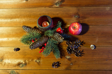 Image showing christmas fir branch decoration and candle lantern