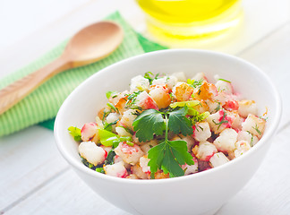 Image showing Fresh salad with greens and seafood