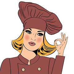 Image showing Sexy blonde chef woman in uniform  gesturing ok sign with her ha