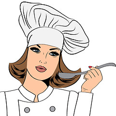 Image showing Sexy chef woman in uniform taste the food