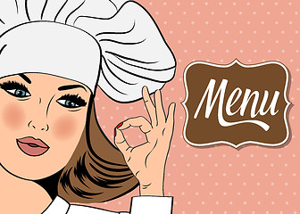 Image showing Sexy  chef woman in uniform  gesturing ok sign with her hand. Me