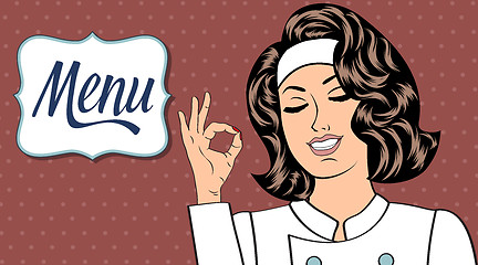 Image showing Sexy  chef woman in uniform  gesturing ok sign with her hand