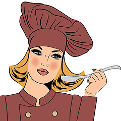 Image showing Sexy blonde chef woman in uniform taste the food