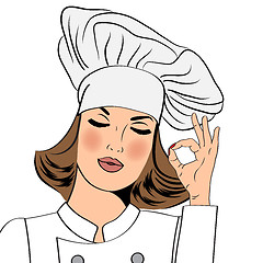 Image showing Sexy chef woman in uniform  gesturing ok sign with her hand