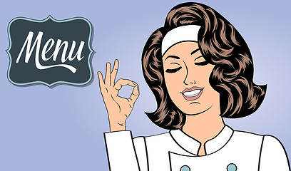 Image showing Sexy chef woman in uniform gesturing ok sign with her hand