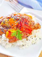 Image showing boiled rice with meat and vegetables