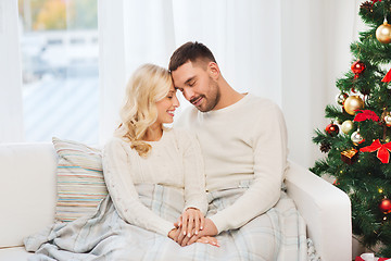 Image showing happy couple covered with plaid on sofa at home