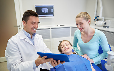 Image showing dentist showing tablet pc to girl and her mother
