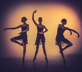 Image showing The silhouettes of young ballet dancers posing on a gray backgro