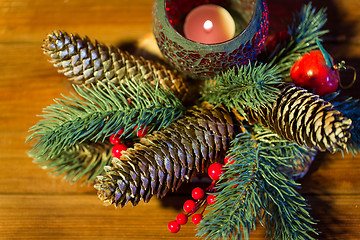 Image showing christmas fir branch decoration and candle lantern