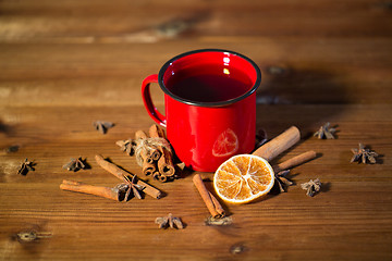 Image showing close up of tea cup with spices on wooden table