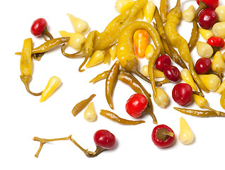 Image showing Mix of hot pickled peppers on white background