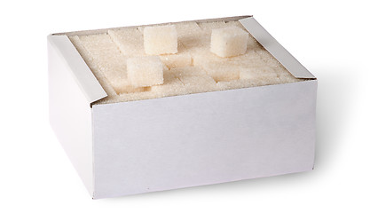 Image showing White sugar cubes in a box top view