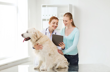 Image showing happy woman with dog and doctor at vet clinic