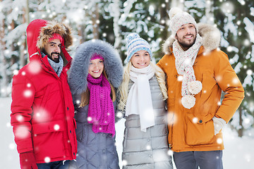 Image showing group of smiling men and women in winter forest