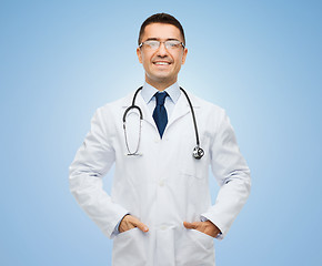 Image showing happy male doctor in white coat s with stethoscope