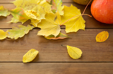 Image showing close up of pumpkins on wooden table at home