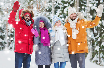 Image showing group of friends waving hands in winter forest