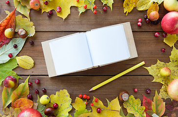 Image showing empty note book with pencil and autumn leaves