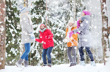 Image showing group of happy friends playing snowballs in forest