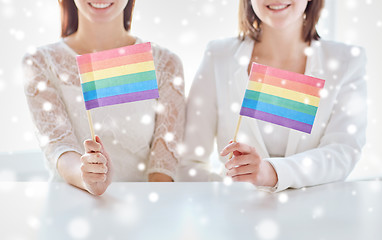 Image showing close up of happy lesbian couple with rainbow flag