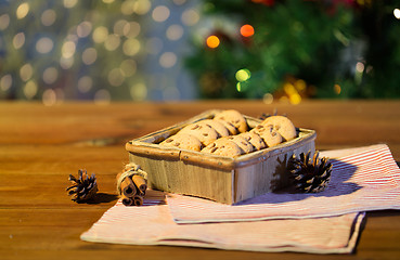 Image showing close up of christmas oat cookies on wooden table