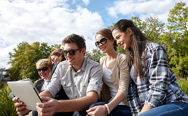 Image showing students or teenagers with tablet pc taking selfie