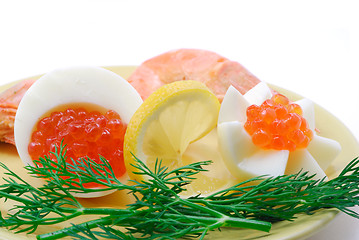 Image showing Red salmon caviar and cooked shrimps