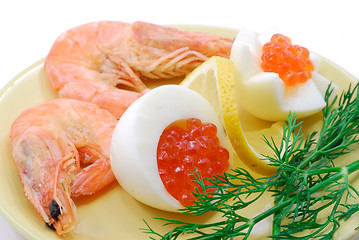 Image showing Red salmon caviar and cooked shrimps