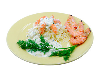 Image showing Spaghetti and shrimps