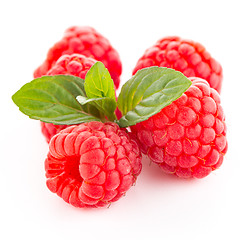 Image showing Ripe raspberry with leaf