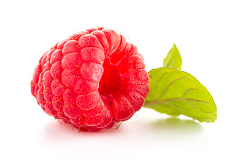 Image showing Ripe raspberry with leaf