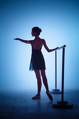 Image showing The young ballerina stretching on the bar 