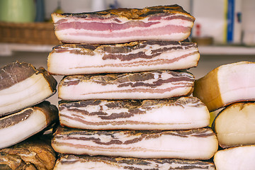 Image showing Smoked Bacon in a street market