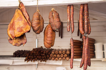 Image showing Smoked Sausage and Bacon in a street market