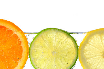 Image showing Orange lemon and lime slices in water