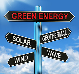 Image showing Green Energy Signpost Means Solar Wind Geothermal And Wave