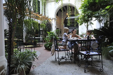 Image showing Family is having dinner in the patio.