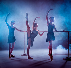 Image showing The young ballerinas stretching on the bar 