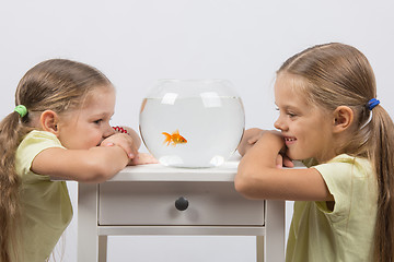 Image showing The girls watching the behavior of goldfish