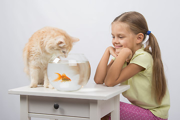 Image showing The girl looks like a cat wants to catch the goldfish