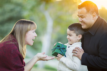 Image showing Young Mixed Race Son Handing Gift to His Mom