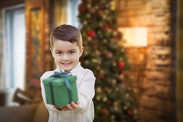 Image showing Mixed Race Boy with Christmas Tree Handing Gift Out Front