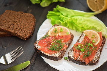 Image showing Sandwich with salmon for breakfast