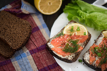 Image showing Sandwich with salmon for breakfast