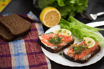 Image showing Sandwich with salmon for breakfast