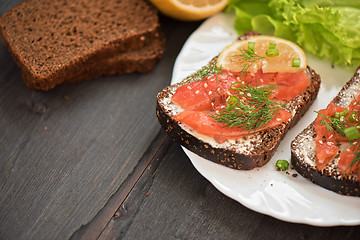 Image showing Sandwich with salmon for breakfast